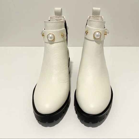 KARL LAGERFELD Pola Leather Off White Pearl Stud Ankle Strap Chelsea Booties NWT - Picture 9 of 16